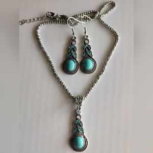 Southwestern Bohemian Faux Turquoise and Rhinestones Necklace & Earrings Set